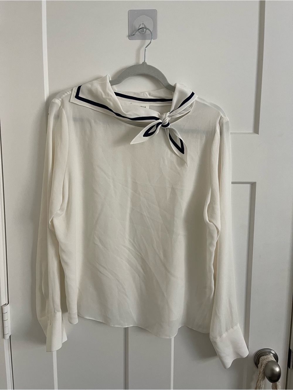 Lily Silk Women’s 100% Mulberry Silk Cream Sailor-Collar Blouse with Navy Trim